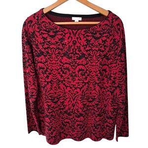 J. Jill Sweater Women's Medium Red Black Damask Rhinestone‎ Sparkle Christmas